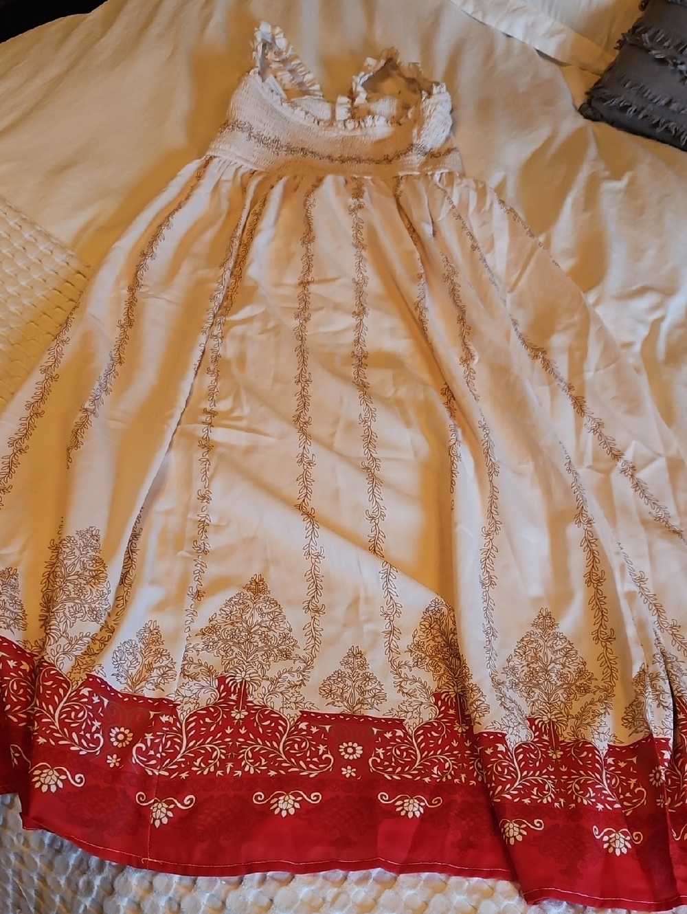 Cupshe White Maxi Dress with Red Border and Printed Trim Lg - Picture 2 of 3